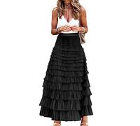 Womens Long Maxi Tulle Skirt A Line Ruffle Mesh High Waisted Tiered Layered Skirts Petticoat, Black, L