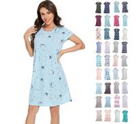 Women's Long Nightdress Above Knee Short Sleeve Crew Neck Cotton Nighties Ladies Cute Pattern Loungwear Spring Summer Sleepwear
