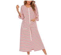 Women's Long Nightgown Cotton Blend Maxi Nightdress Soft Comfy Striped Nightshirt Nightie 3/4 Sleeve Crew Neck Zip Up Negligee Sleepdress Baggy Nightwear Sleepwear Casual Loungewear with Pockets