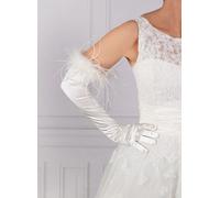 Women's Long Opera Satin Gloves with Feather Cuffs - IVORY / ONE