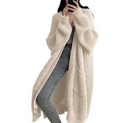 Womens Long Oversized Chunky Knit Cardigan Autumn Thick Knit Cardigan Open Coat Fluffy Soft with Pockets(Apricot,Large)