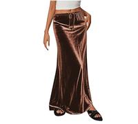 Women's Long Pencil Skirt Elastic High Waist Velvet Maxi Skirts Elegant Vintage Straight Skirt with Drawstring Ladies Solid Plain Casual Autumn Skirts
