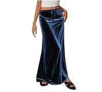 Women's Long Pencil Skirt Elastic High Waist Velvet Maxi Skirts Elegant Vintage Straight Skirt with Drawstring Ladies Solid Plain Casual Autumn Skirts