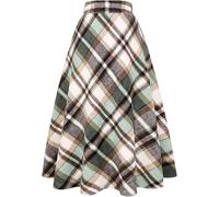 Women's Long Plaid Wool Skirt Fall Winter High Waist A-line Pleated Wool Tartan Skirts, Light Green, M