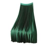 Women's Long Pleated Skirt High Waist Satin Skirt Large Size A-Line Solid Color Elasticity Comfortable Chic And Elegant Vintage Trendy Classic Loose For Party Evening, Green, XL