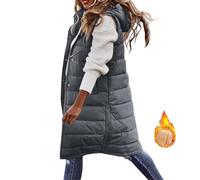 Women's Long Puffer Gilet Longline Casual Quilted Jacket Thick Hooded Bodywarmer Jacket Vest Full Zipper Sleeveless Down Trench Coats Thickened Warm Windbreakers Padded Waistcoat with Pocket