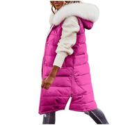 Womens Long Puffer Gilets Faux Fur Detachable Hood Quilted Coats Waterproof Longline Winter Warm Padded Jacket Sleeveless Side Zipper Vest Ladies Bodywarmer Waistcoat Loose Pocket Windproof Outdoor Uk