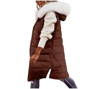 Womens Long Puffer Gilets Faux Fur Detachable Hood Quilted Coats Waterproof Longline Winter Warm Padded Jacket Sleeveless Side Zipper Vest Ladies Bodywarmer Waistcoat Loose Pocket Windproof Outdoor Uk