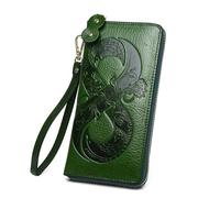 Women's Long Purse Vintage Genuine Leather Woman Wallet Floral Real Cow Leather Purse Ladies First Layer Cowhide Clutch Bag for Women Use(Green Wallet)