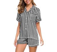 Women's Long Pyjamas with Button Placket, Sleepwear Women's Set Pyjamas Short Sleeve Pyjama Set Short Sleep Shirt Casual Dress Leisure Suit with Button Placket Loungewear Soft Comfortable Leisure Suit