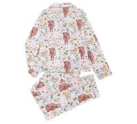 Women's Long Pyjamas with Highland Cow and Flower Pattern - Two Piece Pyjama Set in Country House Style | Cute and Cosy Sleepwear, Style_m02 White, XXL