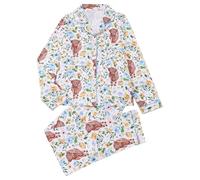 Women's Long Pyjamas with Highland Cow and Flower Pattern - Two Piece Pyjama Set in Country House Style | Cute and Cosy Sleepwear, style_m01 blue, XL