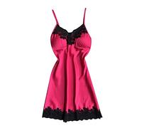 Women's Long Pyjamas with Lace and Satin, Sleepwear, Women's Sexy Sleep Dress, Lightweight Night Dress, Seductive House Dress, Lace V-Neck Sleep Shirt, Soft Sleep Shirt, Mini Dress, hot pink, M