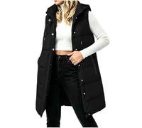 Women's Long Quilted Gilet Hooded Padded Sleeveless Gilet for Women UK | Warm Quilted Puffer Long Vest, Hooded High Neck Gilet, Zip Button Pockets Solid Tops, Winter Lightweight Padded Outerwear