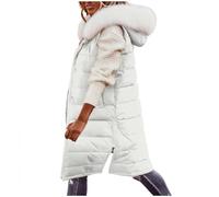 Women's Long Quilted Gilets - Faux Fur Detachable Hood Puffer Coats, Longline Winter Warm Padded Jacket, Sleeveless Side Zipper Vest, Ladies Bodywarmer Waistcoat, Loose Fit, Pockets, Windproof Outdoor