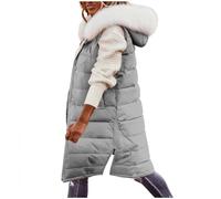 Women's Long Quilted Gilets - Faux Fur Detachable Hood Puffer Coats, Longline Winter Warm Padded Jacket, Sleeveless Side Zipper Vest, Ladies Bodywarmer Waistcoat, Loose Fit, Pockets, Windproof Outdoor