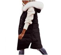 Women's Long Quilted Gilets - Faux Fur Detachable Hood Puffer Coats, Longline Winter Warm Padded Jacket, Sleeveless Side Zipper Vest, Ladies Bodywarmer Waistcoat, Loose Fit, Pockets, Windproof Outdoor