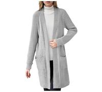 Women's Long Ribbed Knit Open Front Cardigans with Pockets, Shawl Collar Long Sleeve Long Cardigans for Women UK Sweater Coat for Fall Winter Layering Knit Cardigan Grey
