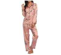 Women's Long Satin Pyjama Set Cute Pattern Sleepwear 2-Piece Long Sleeve Nightdress and Lounge Trousers Silk Soft Loungwear Comfortable Soft Leisure Suit Warm Winter Loungewear, O Rose Gold, XL