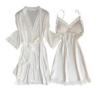Women's Long Satin Pyjamas Women's Long Sleeve Set, Satin Nightdress Long Sleeves Two Piece Set Silk Pyjamas Sexy Sleepwear Set Silk Bathrobe Long Negligees Wedding Pack of 2 Night Dress, White, L