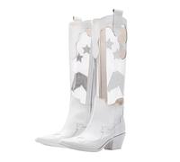 Women's Long Shaft Boots Autumn and Winter Large Sizes Mid Boots Pointed Toe Mid Boots with Block Heel Transparent Hollow Fashionable Women's Boots Women Knee-High Boots, White, 8.5 UK