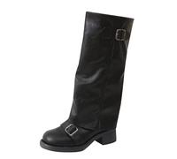 Women's Long Shaft Boots, High Sheep Leather Boots with Heel, Elegant Mid-Height Boots with Belt Buckle, Knee-High Ankle Boots, Non-Slip Knight Boots, Elegant Fashionable Women's Boots, Black (black 1