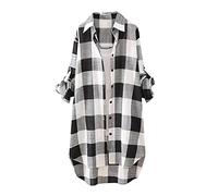 Womens Long Shirts Loose Cotton Linen Plaid Blouses Plus Size Lapel Neck Long Sleeve Checkered Tops Summer Button Down Longline Blouses Oversized Shirt for Ladies UK Low-High Hem (M) Black