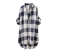 Womens Long Shirts Loose Cotton Linen Plaid Blouses Plus Size Lapel Neck Long Sleeve Checkered Tops Summer Button Down Longline Blouses Oversized Shirt for Ladies UK Low-High Hem