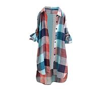Womens Long Shirts Loose Cotton Linen Plaid Blouses Plus Size Lapel Neck Long Sleeve Checkered Tops Summer Button Down Longline Blouses Oversized Shirt for Ladies UK Low-High Hem
