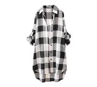 Womens Long Shirts Loose Cotton Linen Plaid Blouses Plus Size Lapel Neck Long Sleeve Checkered Tops Summer Button Down Longline Blouses Oversized Shirt for Ladies UK Low-High Hem