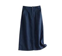 Women's Long Skirts Solid Summer Casual A-line Cotton Linen Skirts with Pockets Loose Retro Vintage Elasticated Waist Skirts Smart Casual Work Skirt Beach Holiday Party Long Skirt Navy