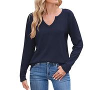 Women's Long Sleeve Blouse Loose Fit Waffle V Neck Solid Color Henley Shirts Ladies Autumn Knitted T-Shirts Navy