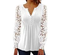 Women's Long Sleeve Blouse V Neck Lace Crochet Tops Henley Shirts UK Elegant Flowy Ladies Blouses Dressy Buttons Up Tunic Tops Casual Office Business Evening Blouses T Shirt White L