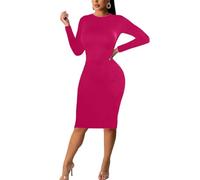 Women's Long Sleeve Bodycon Dress - Knee Length Midi Spring Fall Club Party Fitted Tight Pencil Dresses, Hot Pink, M