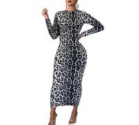 Women's Long Sleeve Bodycon Dress - Maxi Casual Fall Club Party Long Tight Pencil Dresses, Leopard Grey, XL