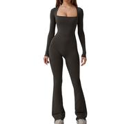 Women's Long Sleeve Bodycon Jumpsuit Sport Yoga Fitness Bodysuit Square Neck One Piece Athletic Playsuits Full Body Romper Hip Lift Tummy Control Workout Outfit Flared Jumpsuits for Women UK Sale