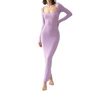 Women's Long Sleeve Bodycon Maxi Dress Sexy Basic Solid Color Low Cut Long Dress Stretch Wedding Party Cocktail PencilDress (Purple#1, S)