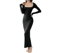 Women's Long Sleeve Bodycon Maxi Dress Sexy Basic Solid Color Low Cut Long Dress Stretch Wedding Party Cocktail PencilDress (Black#1, M)