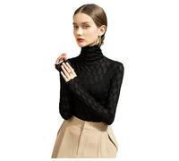Women's Long Sleeve Bodycon Turtleneck Tees Top Lace Sexy See Through Sheer Mesh Eyelash Trim Shirts Elegant Blouse, Black, L