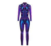 Women's Long Sleeve Bodysuit, Sci-Fi Armour Print, Slim Fit | stretch polyester blend, futuristic armour print, front zip closure, high neck, costume parties and themed events