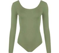 Womens Long Sleeve Bodysuit Top Ladies Plain Scoop Neck Stretch Fitted Leotard Top (Khaki UK 12-14)