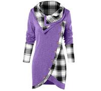 Women's Long Sleeve Button Cowl Neck Plaid Asymmetrical Hem Casual Splicing Shirts Tunic Top Blouse(1A-Purple, XXXXL)