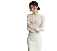 Women'S Long Sleeve Cheongsam - Autumn Women Long Sleeve Beige Traditional Cheongsam Lace Embroidery Vintage Dress Wedding Prom Party Qipao,Beige,S