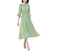 Women'S Long Sleeve Cheongsam - Spring Summer Retro Long Sleeve Chinese Style Elegant Crane Embroidery Stand Collar Traditional Cheongsam,Green,L