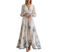 Women's Long Sleeve Cocktail Dress, Boheme Dress Printed V-Neck Sexy Pleated Chic and Elegant Loose Fit Comfortable Flowy Hem Temperament Holiday Long Swing Dress for Evening