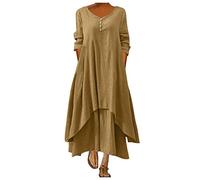 Women's Long Sleeve Cotton Linen Dresses UK Autumn and Winter Round Neck Loose Casual Maxi Dresses Ladies Elegant Solid Long Dress Sale Clearance