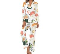 Women'S Long Sleeve Cotton Pajama Set, Cute Cartoon Sushi Casual Wear, Soft V Neck Women'S Pajamas, Comfortable Home Clothes Button Loungewear Cozy Sleepwear Beige