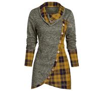 Women's Long Sleeve Cowl Neck Shirt - Button Plaid Pattern with Asymmetrical Hem, Casual Splicing Style Tunic Top Blouse for All Seasons(1B-Yellow, XXL)