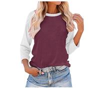 Women's Long Sleeve Crew Neck Top Plain Colour Matching Fashion Raglan Sleeves Casual T Shirt Folding Gloves Children, Wine Red, M