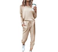 Womens Long Sleeve Crewneck Solid Color Two Piece Outfit Hoodie Jogger Tracksuit Set Sweatshirt & Sweatpants Airport Outfits For Women 2025